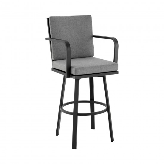 Don 30" Outdoor Patio Bar Stool in Black Aluminum with Grey Cushions