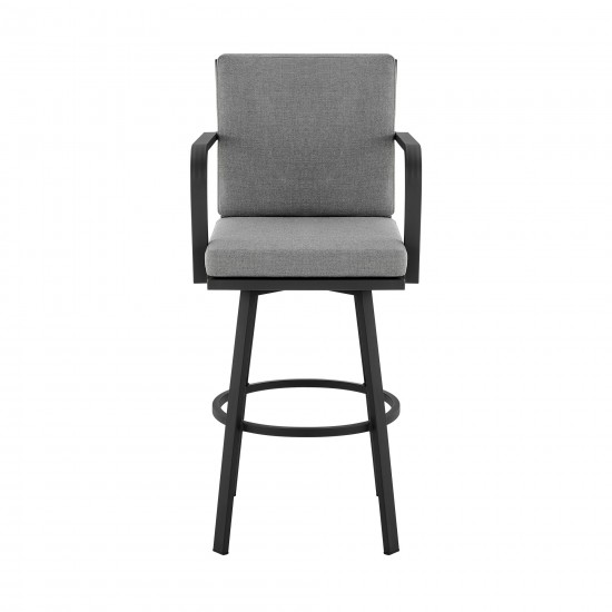 Don 30" Outdoor Patio Bar Stool in Black Aluminum with Grey Cushions