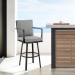 Don 30" Outdoor Patio Bar Stool in Black Aluminum with Grey Cushions
