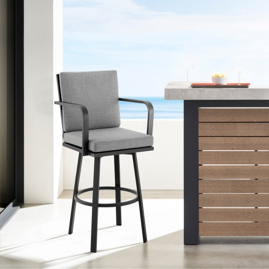 Don 30" Outdoor Patio Bar Stool in Black Aluminum with Grey Cushions