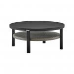 Aileen Patio Round Coffee Table in Black Aluminum with Grey Wicker Shelf
