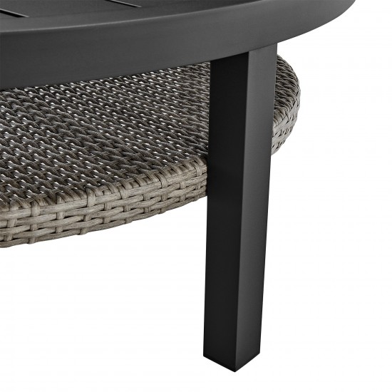 Aileen Patio Round Coffee Table in Black Aluminum with Grey Wicker Shelf