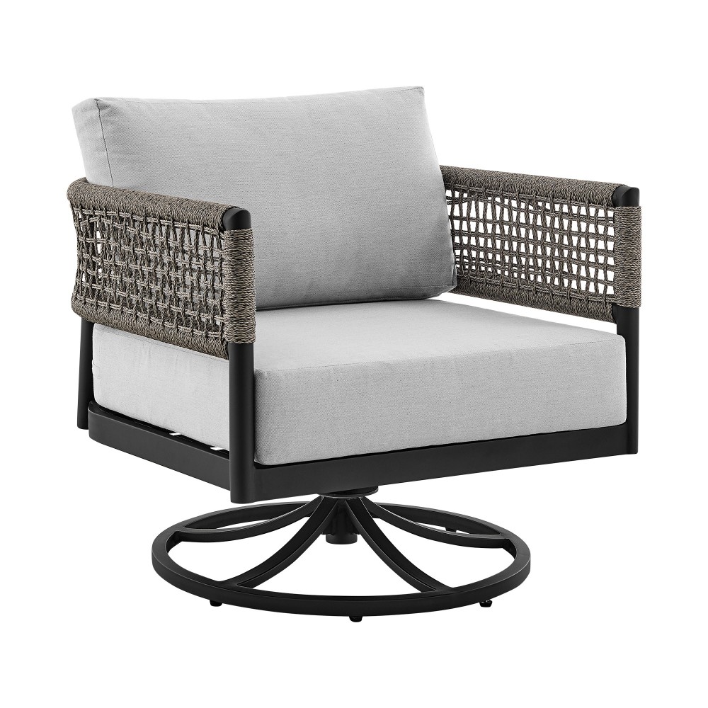 Felicia Patio Swivel Rocking Chair in Black Aluminum and Grey Rope with Cushions