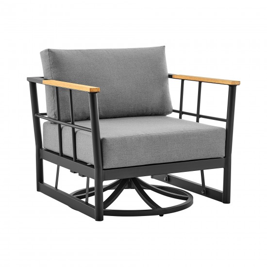 Shari Patio Swivel Glider Lounge Chair in Black Aluminum and Teak Wood