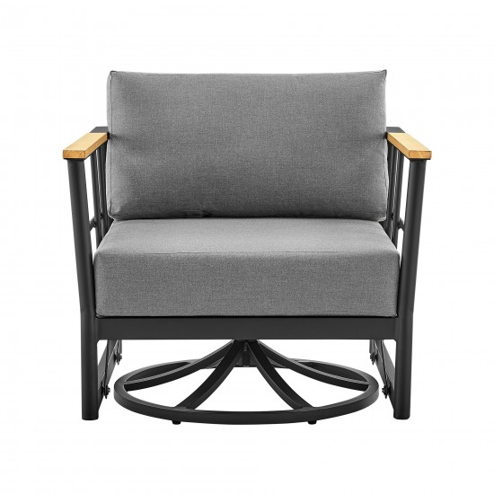 Shari Patio Swivel Glider Lounge Chair in Black Aluminum and Teak Wood