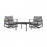 3 Piece Patio Swivel Seating Set in Black Aluminum with Teak Wood