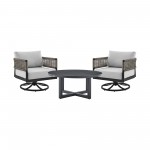 3 Piece Patio Swivel Seating Set in Black Aluminum with Grey Rope