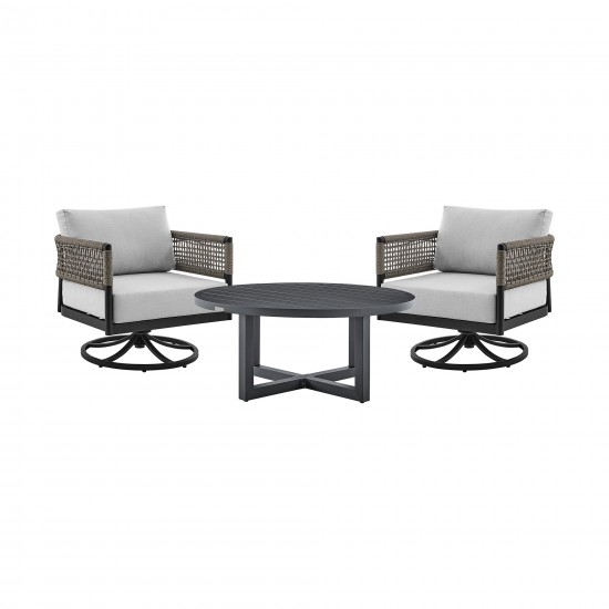 3 Piece Patio Swivel Seating Set in Black Aluminum with Grey Rope