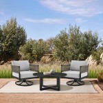 3 Piece Patio Swivel Seating Set in Black Aluminum with Grey Rope