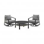 Aileen 3 Piece Patio Swivel Seating Set in Black Aluminum with Grey Wicker