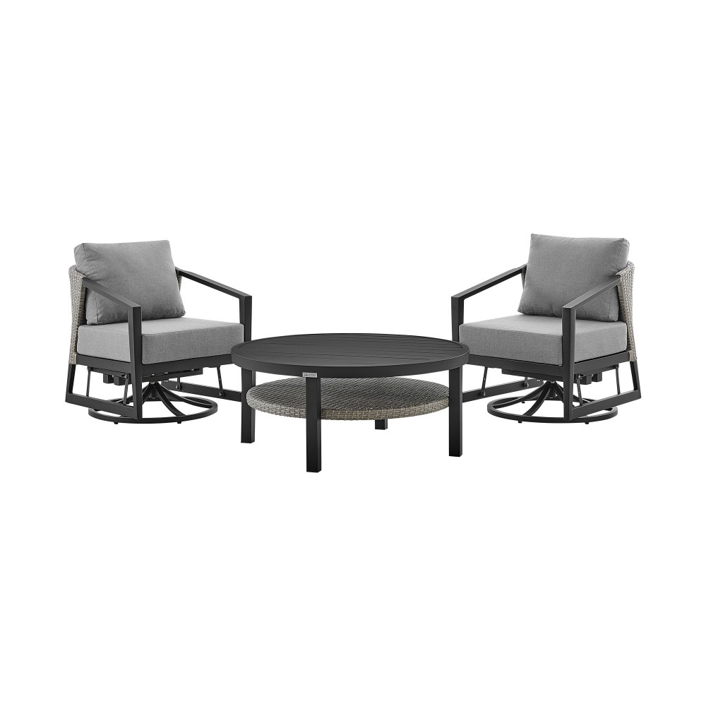 Aileen 3 Piece Patio Swivel Seating Set in Black Aluminum with Grey Wicker