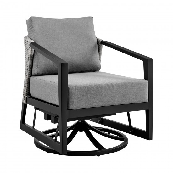 Aileen 3 Piece Patio Swivel Seating Set in Black Aluminum with Grey Wicker