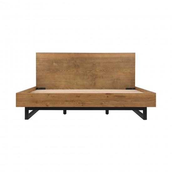 Aldo King Size Brown Oak Wood Platform Bed Frame with Black Metal Legs