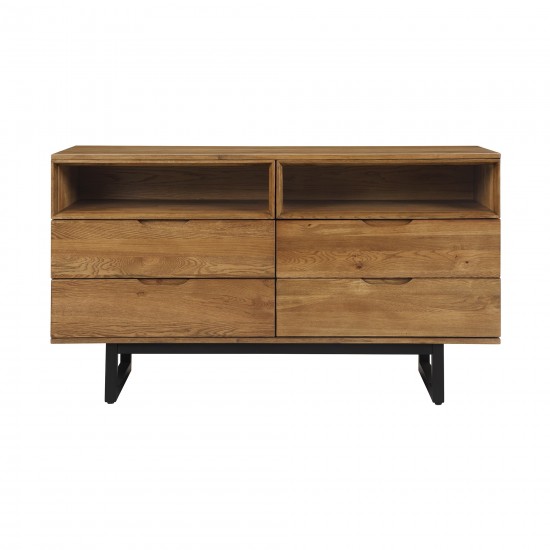 Aldo 4 Drawer Dresser in Brown Oak Wood with Black Metal Legs