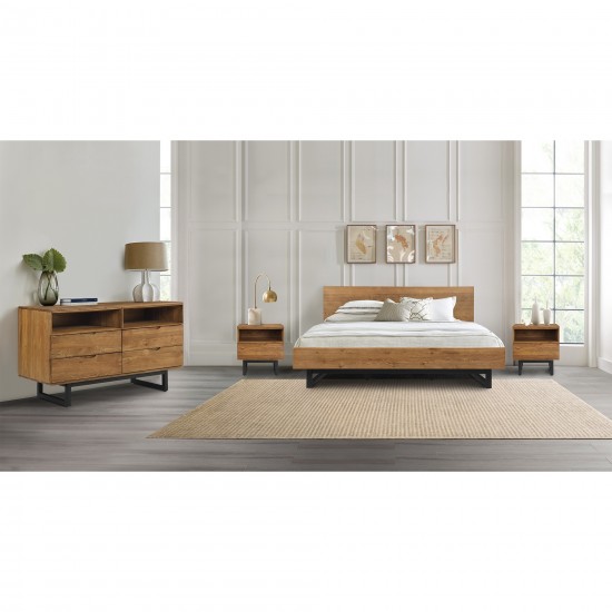 Aldo King Size 4 Piece Platform Bed Frame Bedroom Set in Brown Oak Wood