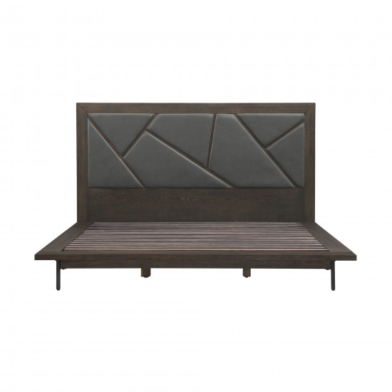 Marquis King Size Platform Bed Frame in Oak Wood with Faux Leather Headboard