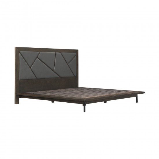 Marquis King Size Platform Bed Frame in Oak Wood with Faux Leather Headboard