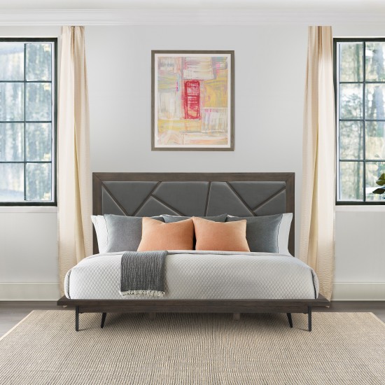Marquis King Size Platform Bed Frame in Oak Wood with Faux Leather Headboard