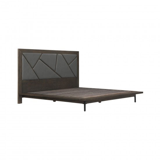 Marquis Queen Size Platform Bed Frame in Oak Wood with Faux Leather Headboard