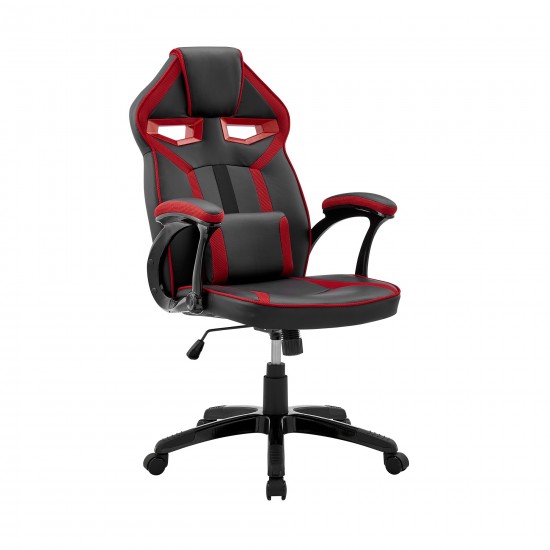 Gaming Chair in Black Faux Leather and Red Mesh with Lumbar Support Pillow