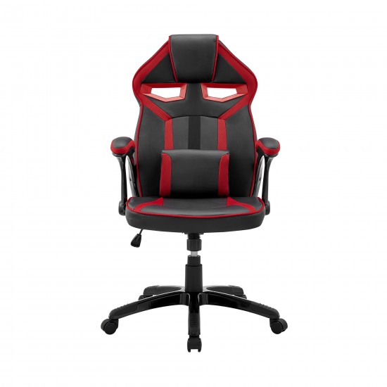 Gaming Chair in Black Faux Leather and Red Mesh with Lumbar Support Pillow