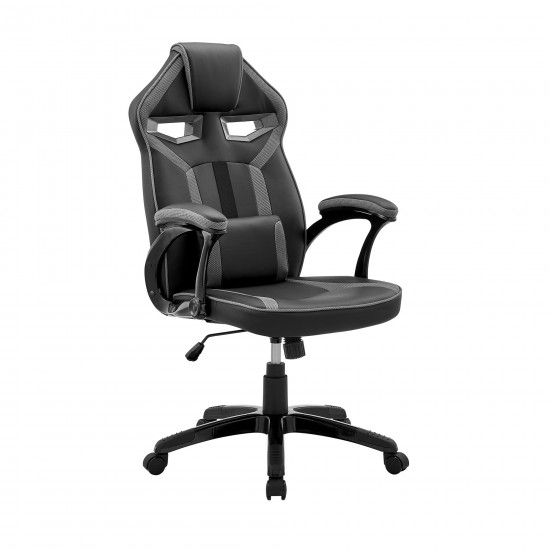 Gaming Chair in Black Faux Leather and Dark Grey Mesh with Lumbar Support Pillow