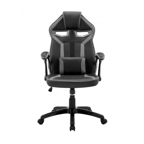 Gaming Chair in Black Faux Leather and Dark Grey Mesh with Lumbar Support Pillow