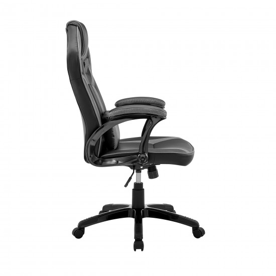 Gaming Chair in Black Faux Leather and Dark Grey Mesh with Lumbar Support Pillow