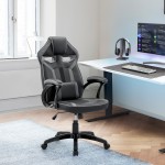 Gaming Chair in Black Faux Leather and Dark Grey Mesh with Lumbar Support Pillow