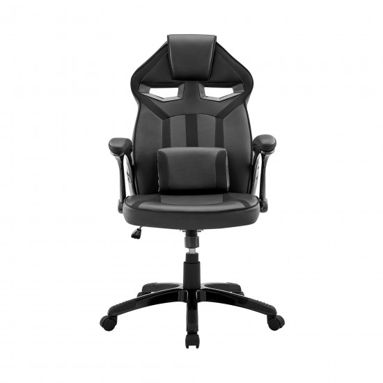 Gaming Chair in Black Faux Leather and Mesh with Lumbar Support Pillow