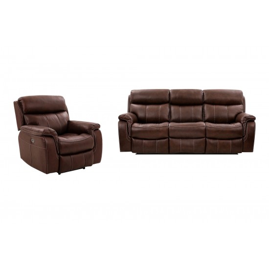 Dual Power Reclining 2 Piece Sofa and Recliner Set in Genuine Brown Leather