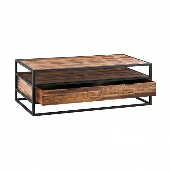 Ludgate Rectangle Coffee Table with Shelf in Acacia and Black Metal