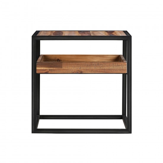 Ludgate Square End Table with Shelf in Acacia and Black Metal