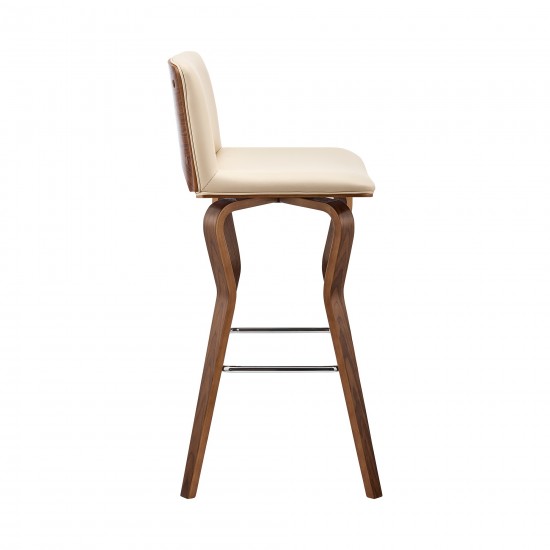 Gerty 26" Swivel Cream Faux Leather and Walnut Wood Bar Stool