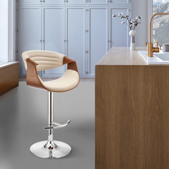 Gionni Adjustable Swivel Cream Faux Leather and Walnut Wood Bar Stool