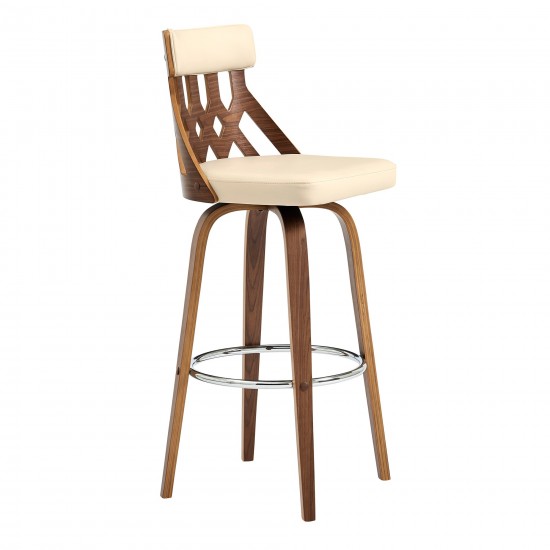 Crux 26" Swivel Bar Stool in Cream Faux Leather and Walnut Wood