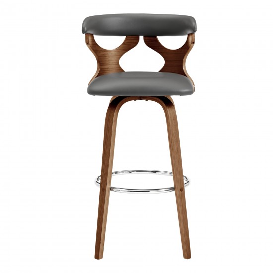 Zenia 26" Swivel Counter Stool in Gray Faux Leather and Walnut Wood