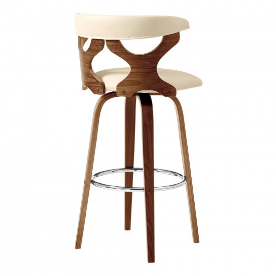 Zenia 30" Swivel Bar Stool in Cream Faux Leather and Walnut Wood