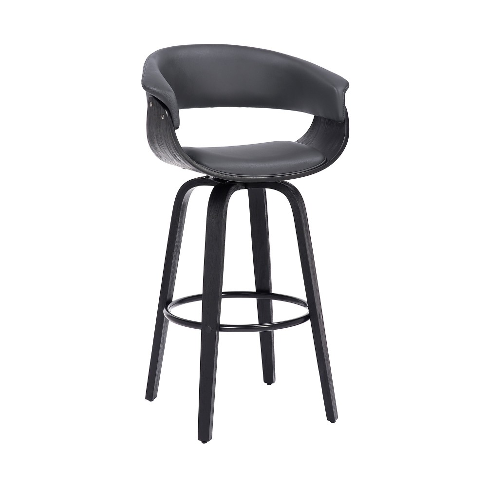 Julyssa 30" Bar Height Swivel Grey Faux Leather and Black Wood Bar Stool