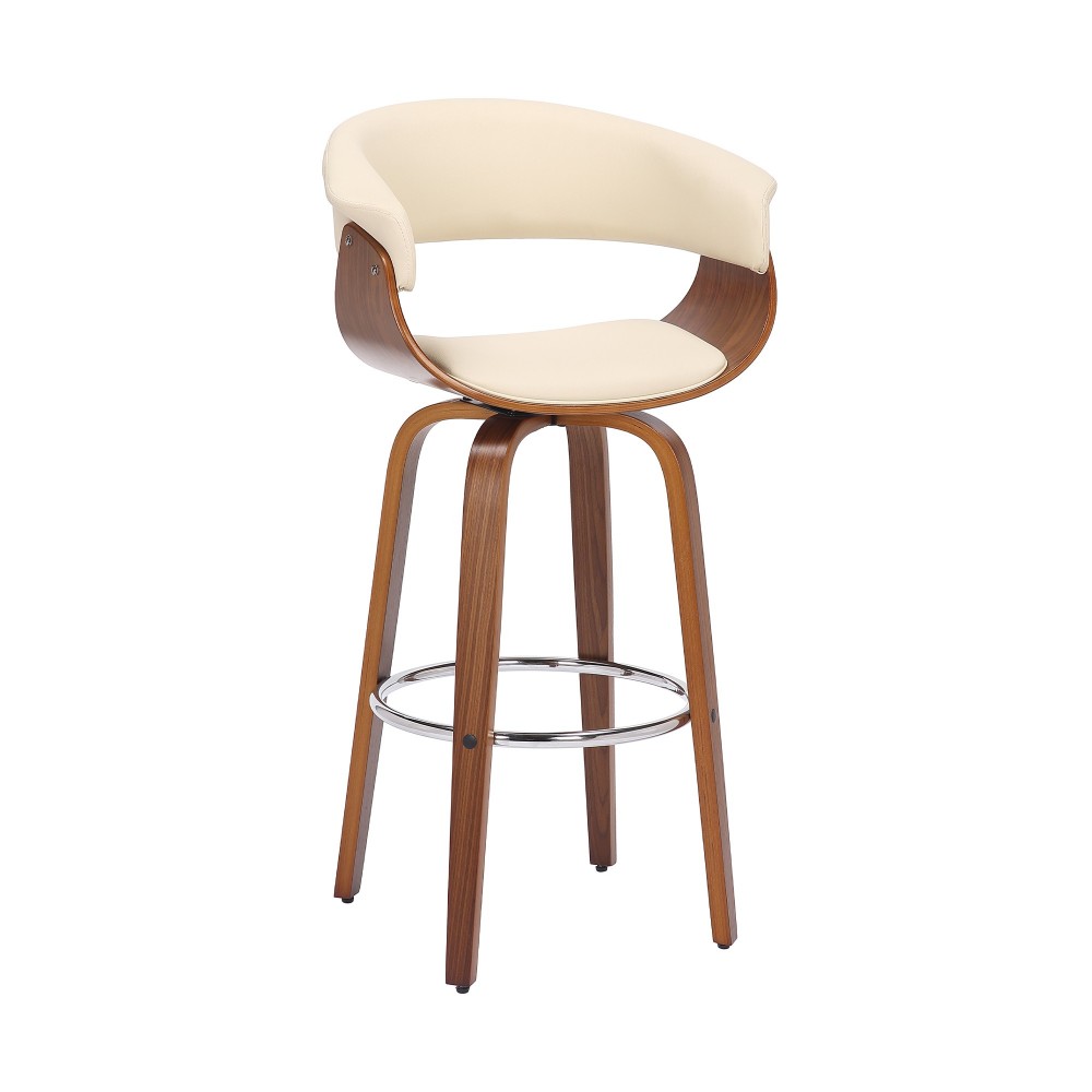 Julyssa 30" Bar Height Swivel Cream Faux Leather and Walnut Wood Bar Stool