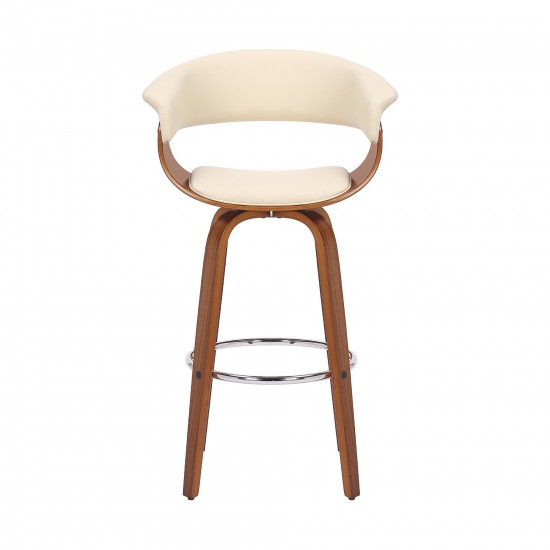 Julyssa 30" Bar Height Swivel Cream Faux Leather and Walnut Wood Bar Stool