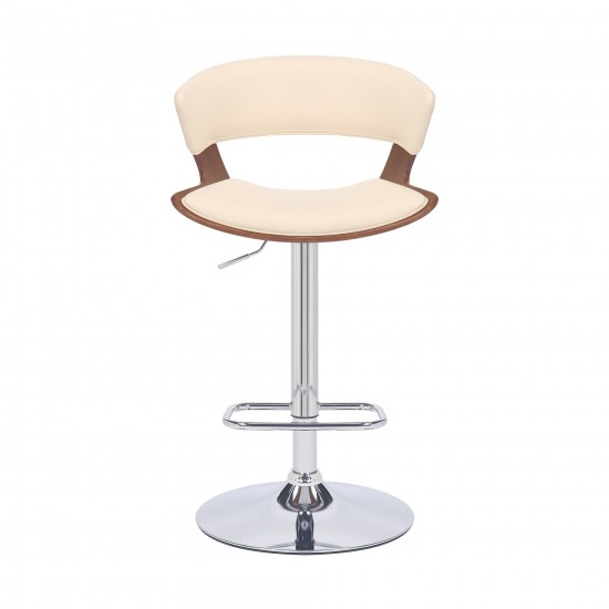 Karine Adjustable Swivel Cream Faux Leather and Walnut Wood Bar Stool