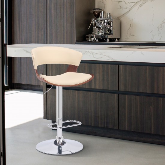 Karine Adjustable Swivel Cream Faux Leather and Walnut Wood Bar Stool