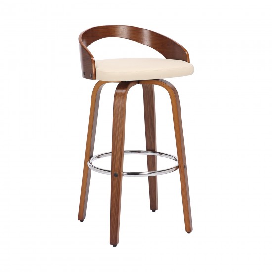 Sonia 26" Counter Height Swivel Cream Faux Leather and Walnut Wood Bar Stool