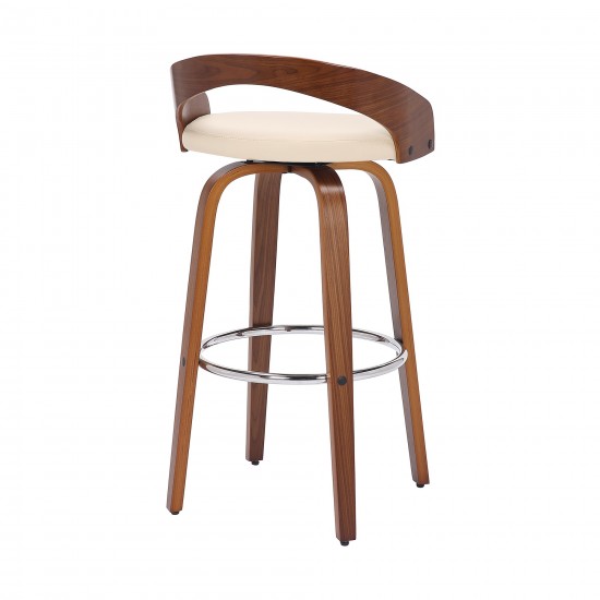 Sonia 26" Counter Height Swivel Cream Faux Leather and Walnut Wood Bar Stool