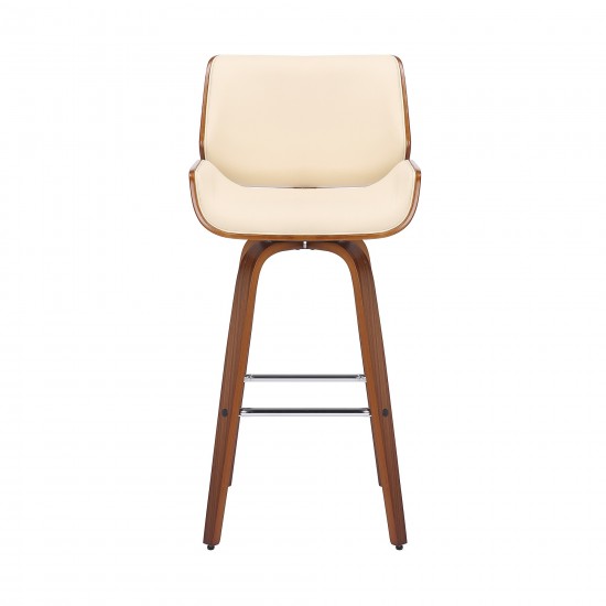 Tyler 30" Bar Height Swivel Cream Faux Leather and Walnut Wood Bar Stool