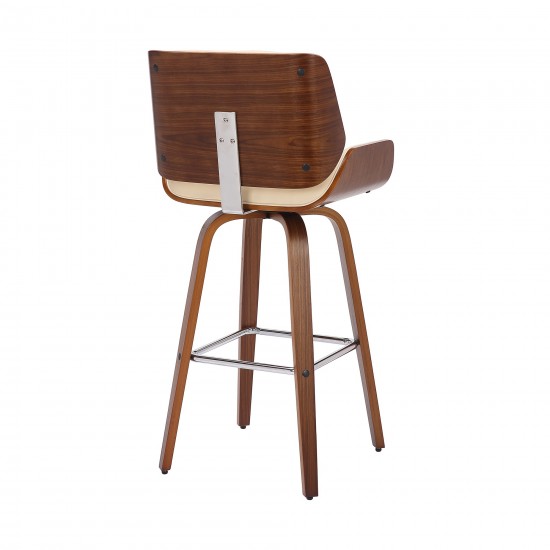 Tyler 30" Bar Height Swivel Cream Faux Leather and Walnut Wood Bar Stool