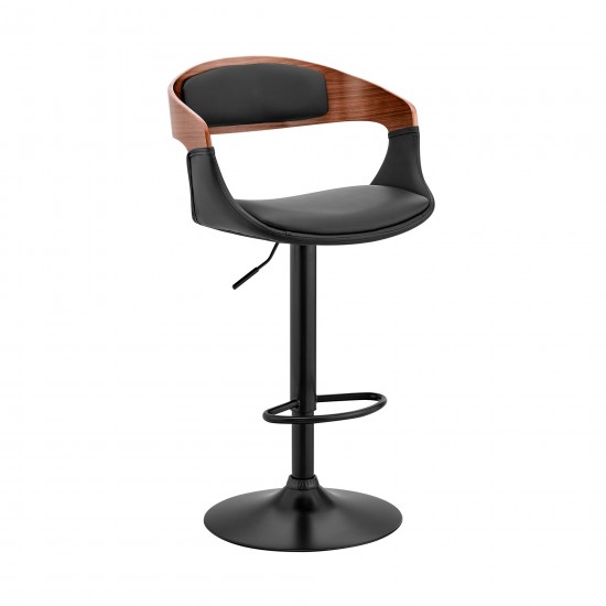 Benson Adjustable Black Faux Leather and Walnut Wood Bar Stool with Black Base