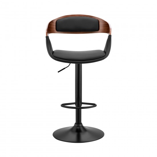 Benson Adjustable Black Faux Leather and Walnut Wood Bar Stool with Black Base