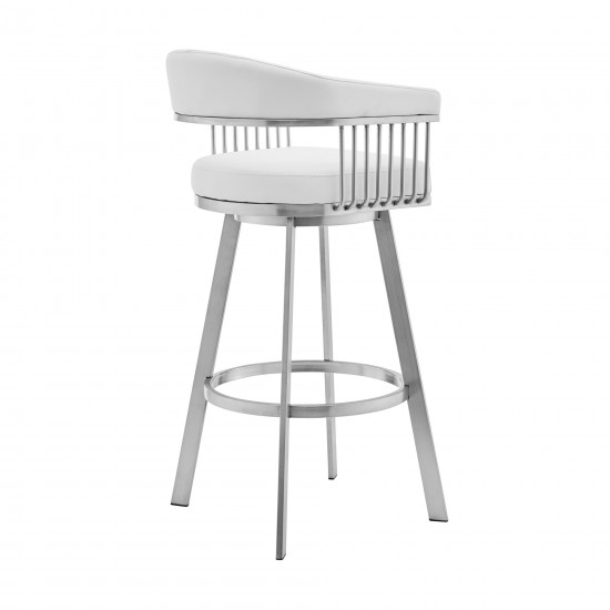 Bronson 25" White Faux Leather and Brushed Stainless Steel Swivel Bar Stool